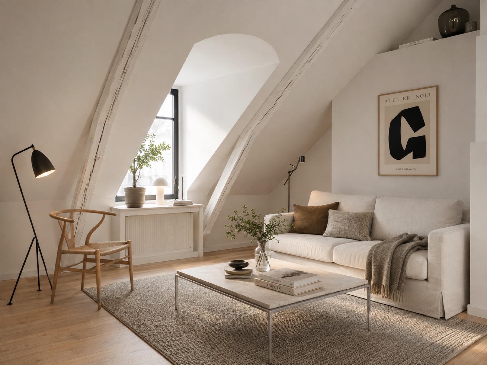 Dasselbe Dachzimmer eingerichtet: helles Sofa unter der Schräge, Wollteppich, Stehleuchte und Wishbone-Stuhl