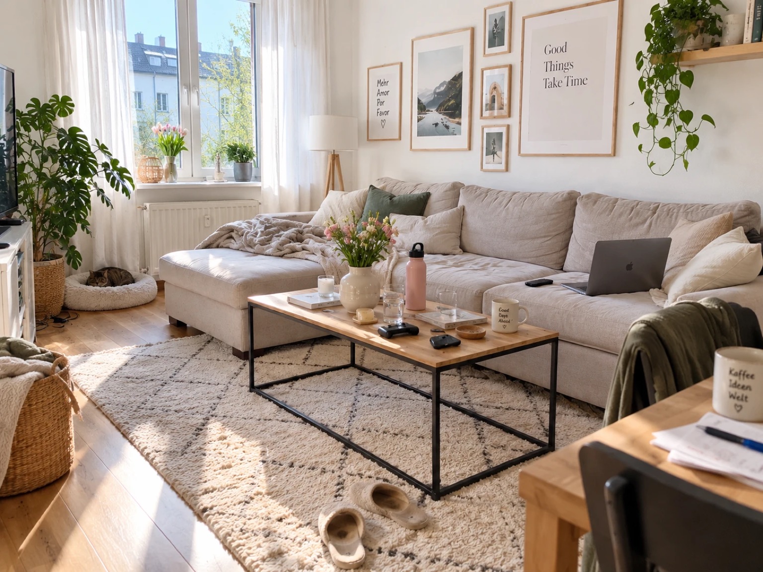 Dasselbe Wohnzimmer vorher: beiges Ecksofa mit Récamière, Couchtisch, Teppich, Fernseher und Pflanzen